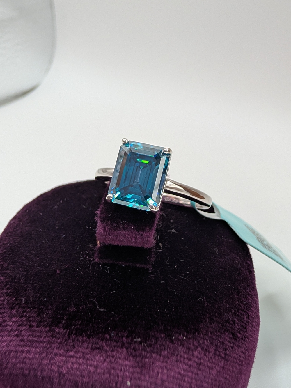 925 Sterling Silver 4.40 CTW Blue Moissanite Emerald Cut Solitaire Ring Size 8